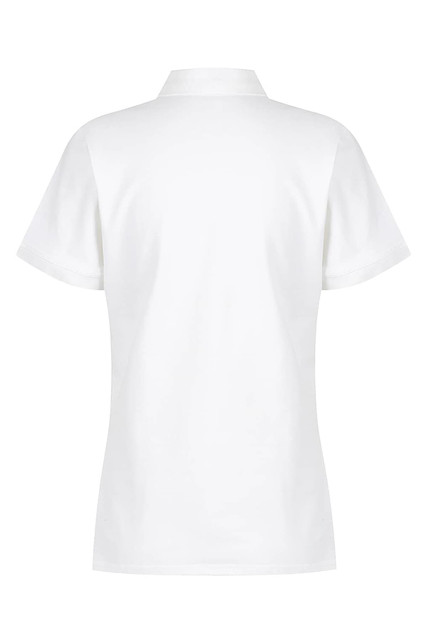 A white women's polo shirt featuring a classic design and short sleeves. It includes a logo on the fabric.