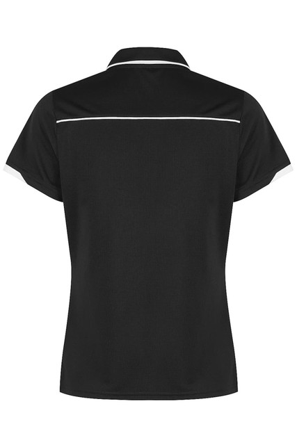 A black polo shirt with white piping detail, featuring a collar and short sleeves. It has a logo.