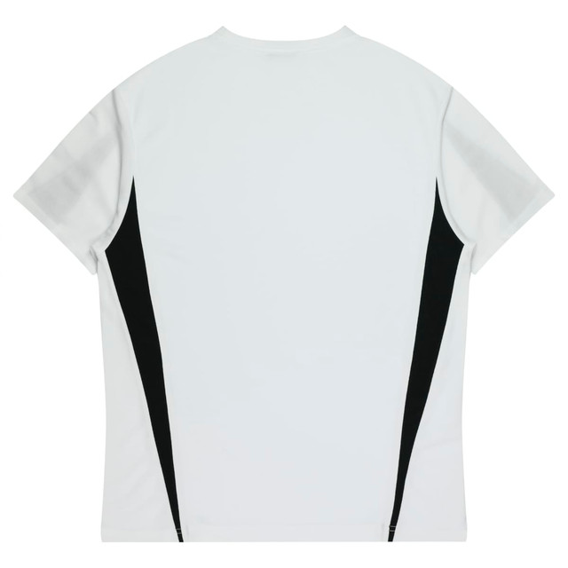 A white t-shirt featuring black side panels, designed for kids, with a logo on the back.