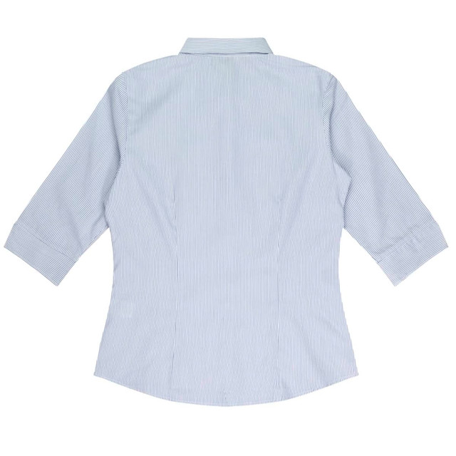 A light blue and white striped button-up shirt with 3/4 sleeves and a collar. The shirt features a logo.