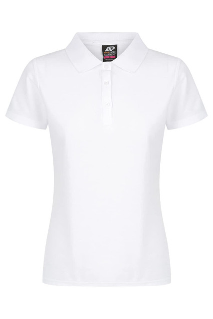 A white polo shirt with a classic collar and three buttons, featuring a logo on the tag.