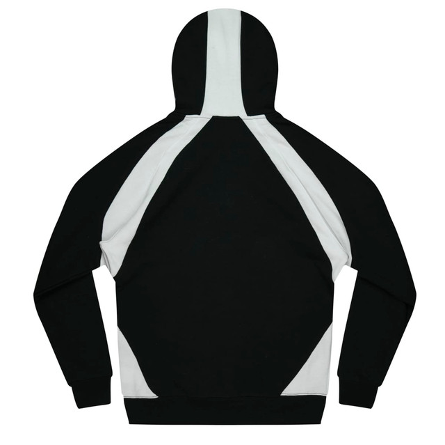 A black and white hoodie featuring a panel design and a kangaroo pocket. It has a hood and long sleeves.
