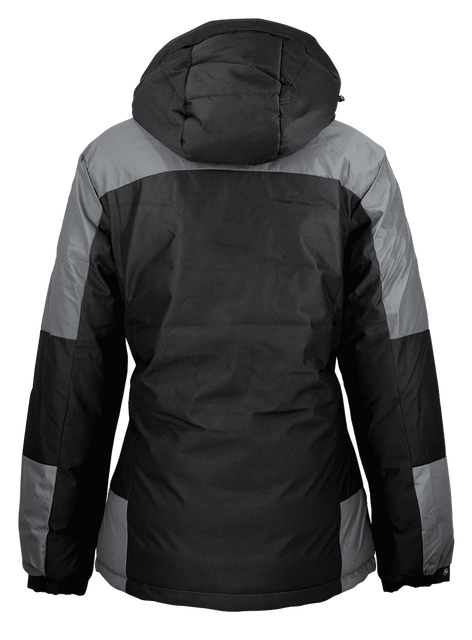 A women's jacket featuring a hood, primarily black with grey accents, showcasing a modern design.