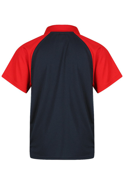 A red and navy polo shirt with a mesh design and a branding logo on the back.