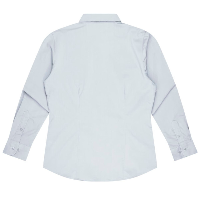 A long-sleeve button-up shirt in light blue, featuring a classic collar and buttoned cuffs. Includes a logo.