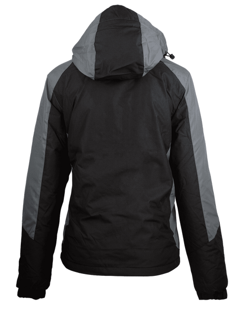 A black and grey jacket with a hood and a logo on the back. Suitable for various outdoor activities.