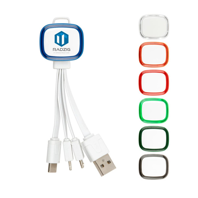 A charging cable with three connectors (USB, Lightning, and micro USB) in white, featuring a logo and coloured accents.