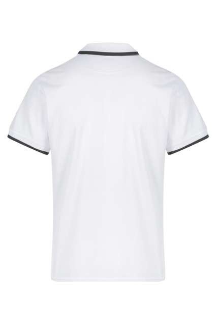 A white polo shirt with contrasting trim and a logo, featuring a classic short-sleeve design.