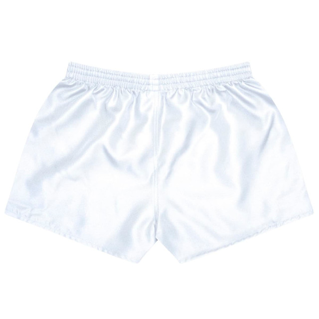 A pair of white sports shorts with an elastic waistband and a smooth finish, featuring a logo.