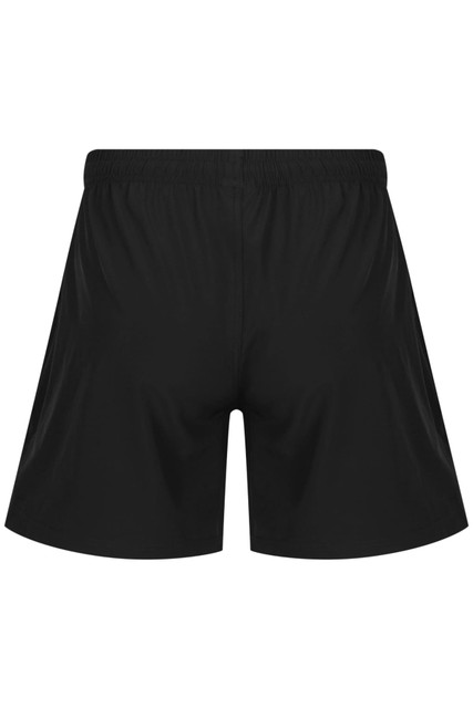 Black sports shorts with an elastic waistband and a simple design, featuring a logo.
