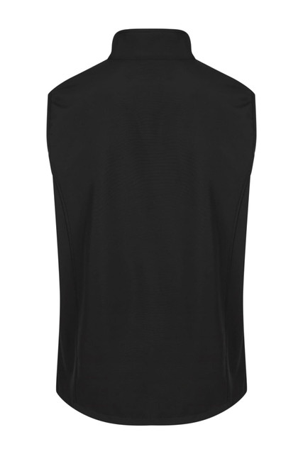 A black sleeveless vest featuring a collar and a smooth texture. The vest has a logo on the back.