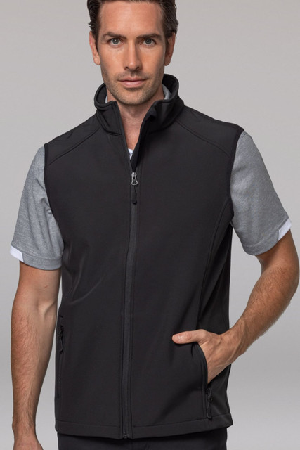 A man wearing a black work vest with a grey short-sleeve shirt, featuring a zip front and side pockets.