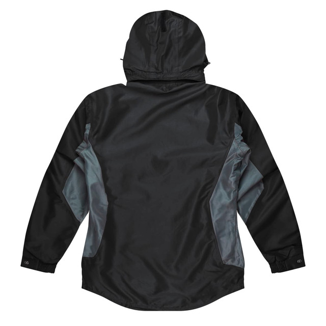 A black jacket with grey panels and a hood, featuring a logo on the back.