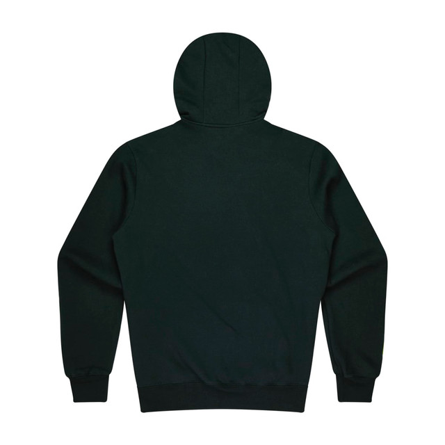 A dark green hoodie featuring a kangaroo pocket and a hood, with a plain back view.