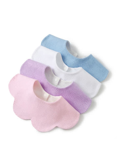 Four baby bibs in pink, purple, blue, and white, featuring a scalloped design and a button closure.