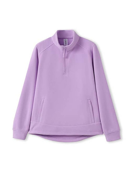 A purple women's polar fleece half zip top with long sleeves and side pockets, featuring a logo.
