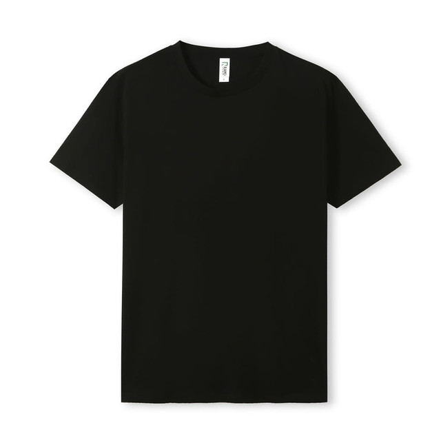 A black unisex T-shirt with a classic crew neckline and short sleeves, featuring a label.