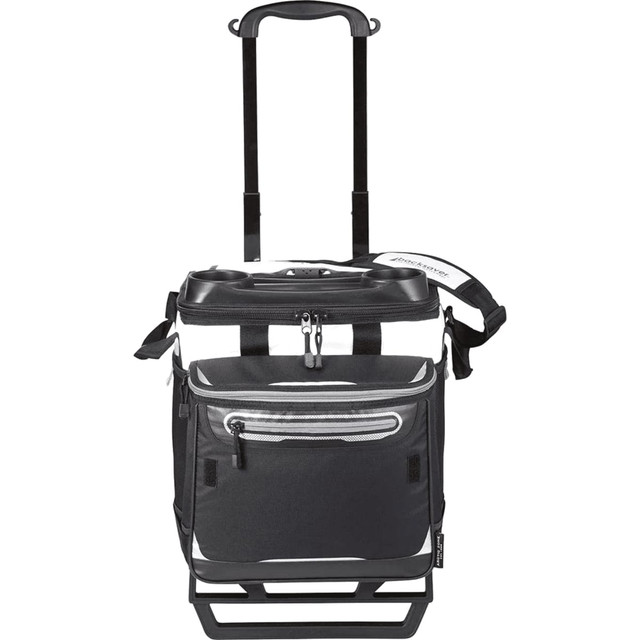 A black rolling cooler with a handle and front zip pocket, featuring a sturdy frame and a section for cold blocks.