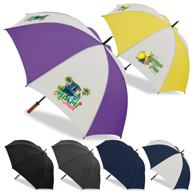 A set of umbrellas featuring purple, yellow, black, and navy designs, each with various graphic prints and a logo.