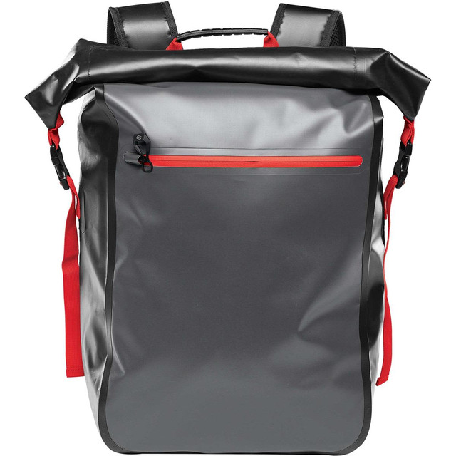 A waterproof grey backpack with red accents, featuring a top roll closure and a front zip pocket.