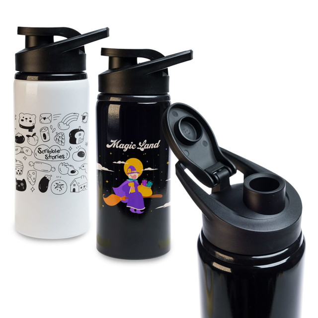 A drink bottle featuring a white design with various illustrations, a black bottle with a character, and a lid.