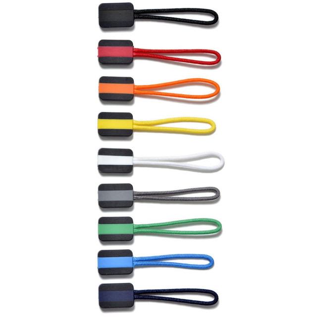 A set of ten zip pullers in various colours, featuring compact rectangular grips and fabric loops.