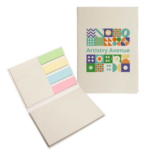 A booklet featuring sticky notes in pastel colors with a patterned cover and a logo.