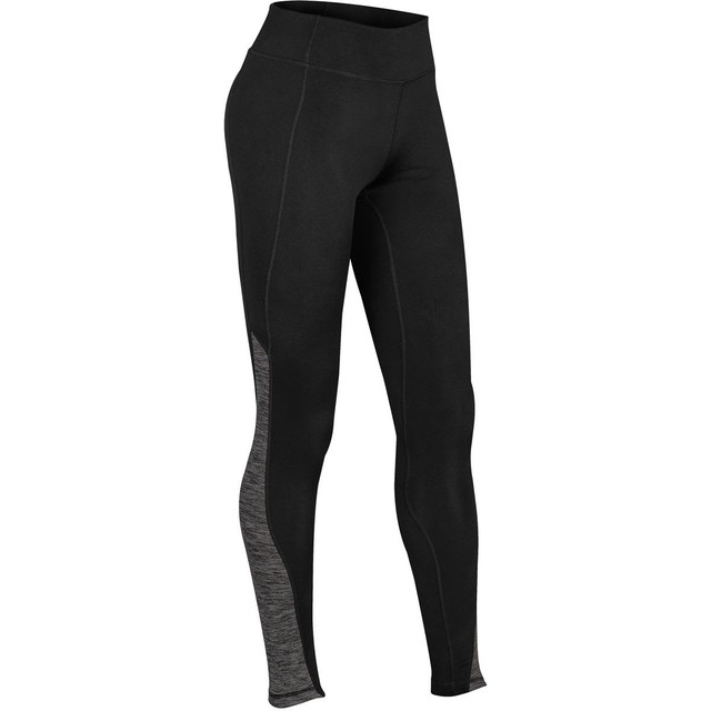 Black leggings with grey side panel details, featuring a high waist and a logo on the waistband.