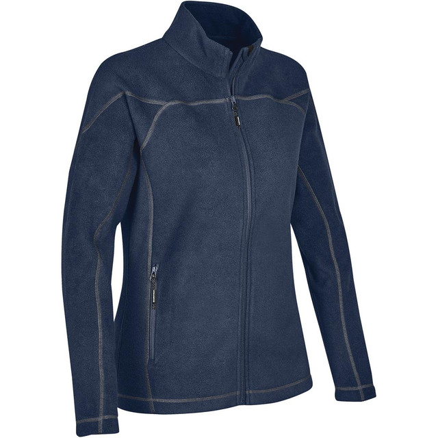 A navy-blue women's fleece jacket featuring a zip front and side pockets, with contrasting stitching details and a logo.