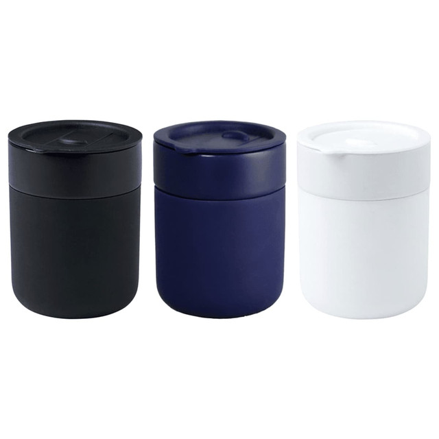 A drink bottle set featuring three ceramic tumblers in black, navy, and white, each with a silicone wrap and a lid.