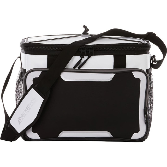 A black and white cooler bag with a shoulder strap, featuring mesh pockets and a logo. Suitable for carrying drinks.