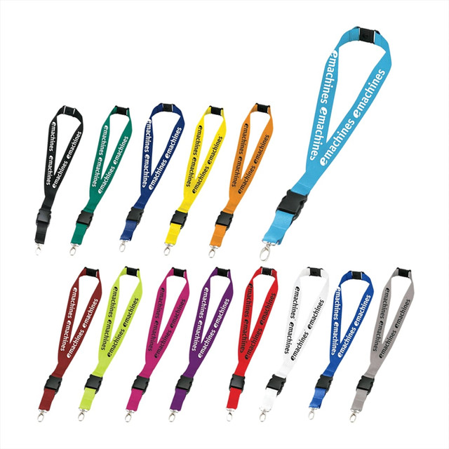 A variety of lanyards in different colours including blue, green, black, orange, pink, and purple, featuring a logo.