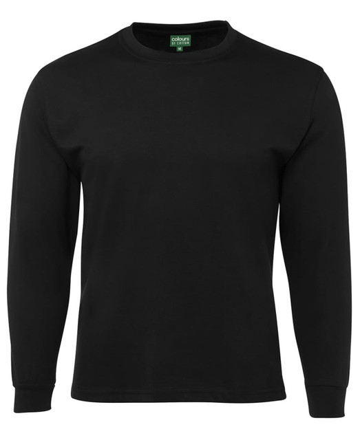 A black long-sleeve t-shirt featuring a simple design and a tag inside the collar.