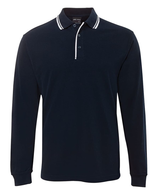 A navy long-sleeve polo shirt with white contrast detailing and a branded logo on the chest.