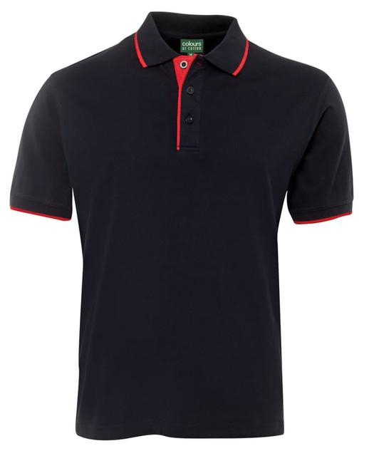 A navy polo shirt with red trim and a branded label, featuring a classic collar and three buttons.