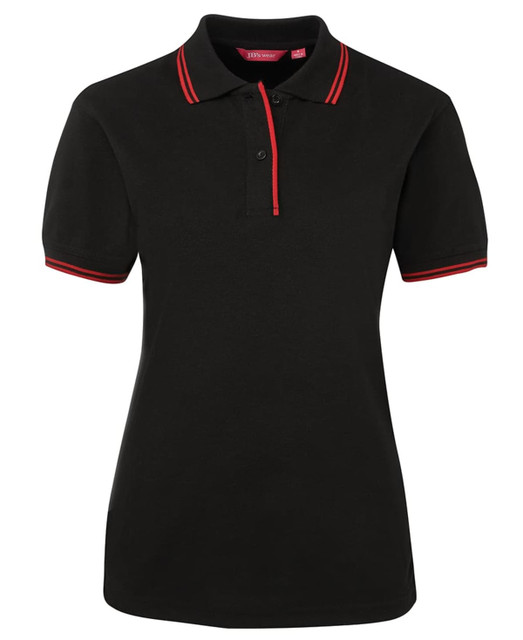 A black polo shirt with red contrast stripes on the collar and sleeves, featuring a logo.