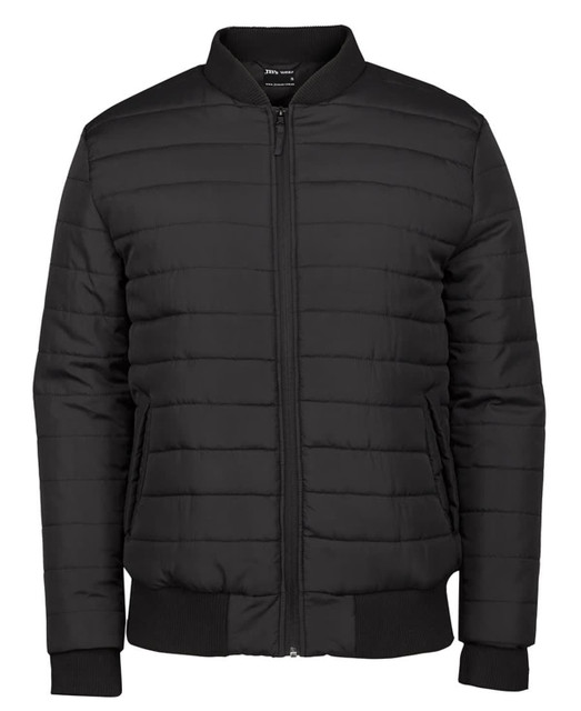A black puffer bomber jacket with a zip-up front and ribbed cuffs, featuring a logo on the chest area.