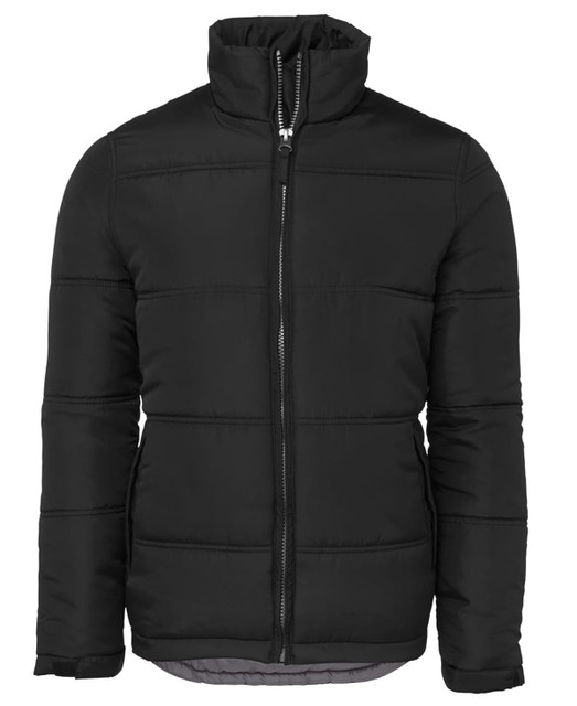 A black puffer jacket with a high collar and zip closure featuring a logo.