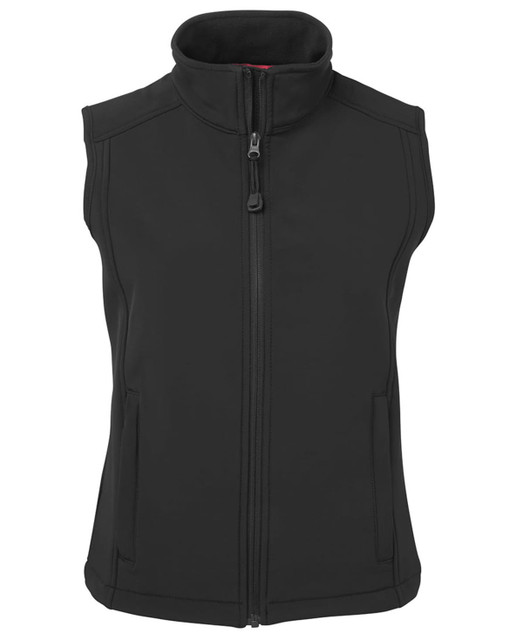 A black softshell vest with a high collar and front zip. It features two side pockets and has a logo.