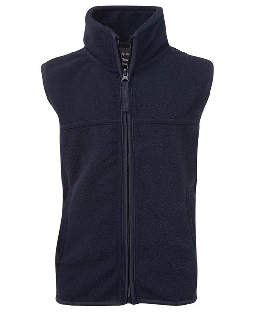 A navy polar vest with a high collar and full front zipper, featuring a logo on the tag.