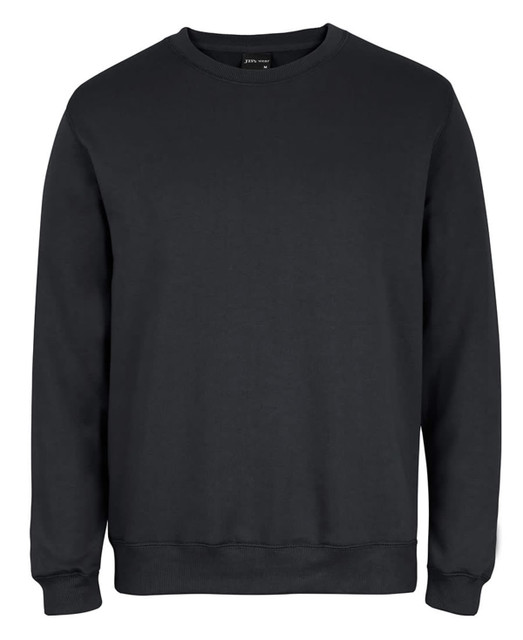 A black jumper sweater featuring a round neckline and long sleeves, with a logo near the neckline.