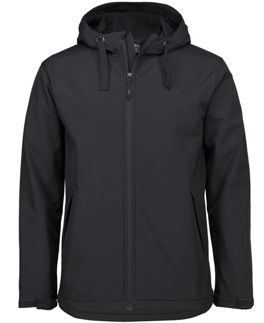 A three-layer hooded softshell jacket in dark green, featuring a zip front and side pockets, with a logo.