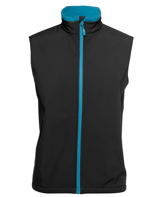 A black three-layer softshell vest with a turquoise inner collar and zipper, featuring a logo.