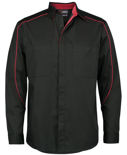 Black long-sleeve button-up shirt featuring red piping and two chest pockets. Includes a logo on the chest.