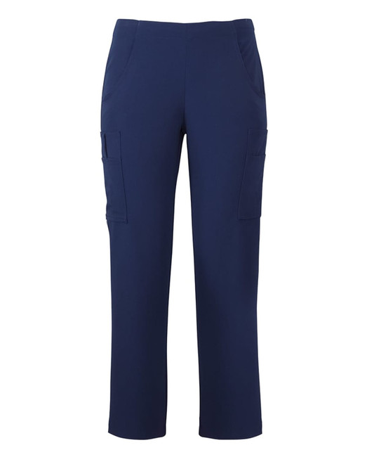 Ladies' cargo pants in navy blue, featuring side pockets and a comfortable fit. Includes a logo.