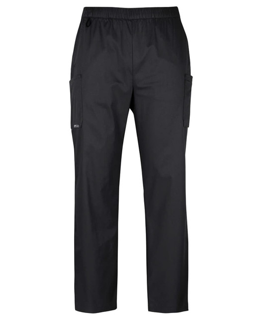 Unisex black cargo pants with an elastic waistband and side pockets, featuring a branding logo.