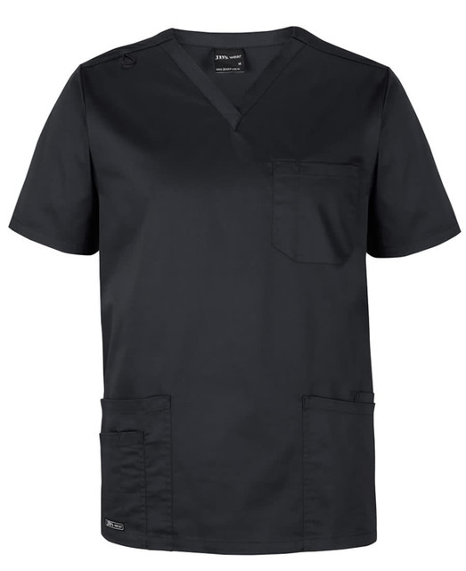 A black unisex premium scrubs top featuring short sleeves and multiple pockets. Includes a logo on the top.