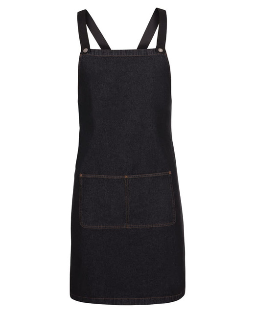 A black denim cross back apron featuring a front pocket and adjustable straps. It has a simple logo detail.