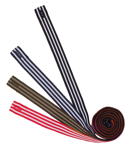A set of cross back apron straps in colours including black, brown, red, and orange, featuring striped patterns.