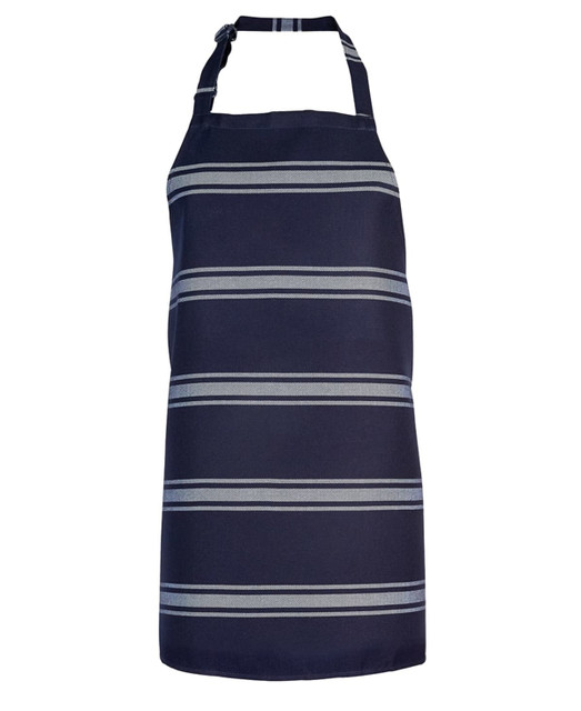A navy blue apron with grey stripes and a halter neck. It features a logo or branding.